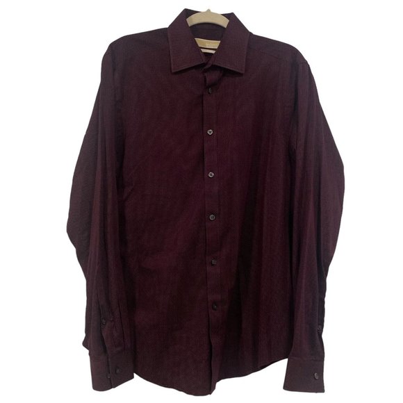 MICHAEL KORS Men's Slim Fit DARK RED Polka Dot Button Down Shirt 16 34/35 LARGE - Picture 1 of 6